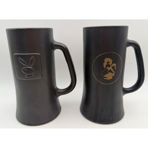 Vintage Playboy Club Matte Black Glass Beer Mugs Set of 2 Bunny Logo & Graphic